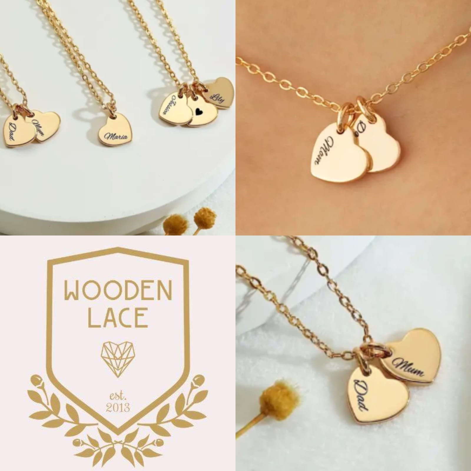 Engraved hearts necklace available in silver and gold. Starts at R850 for 2 hearts discs, R300 extra for each extra disc.