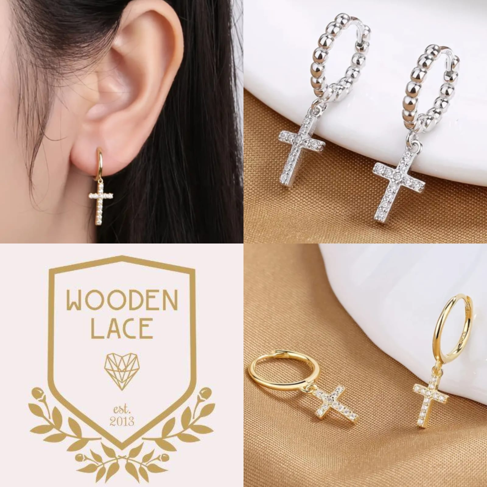 Sterling silver 925 or 14k gold coated cross earrings. R750 a set. Waterproof and tarnish-proof.