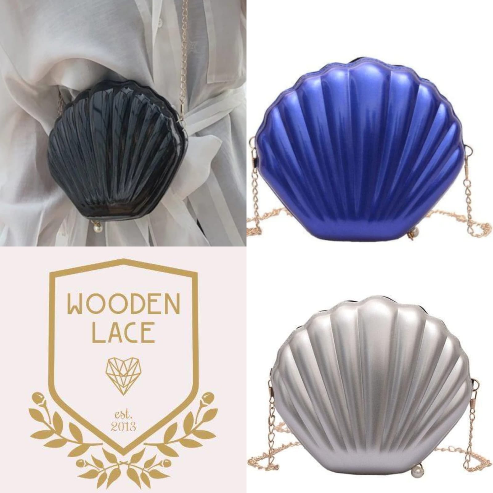 Beautiful Clam handbag. Available in gold silver blue or black. R850 each