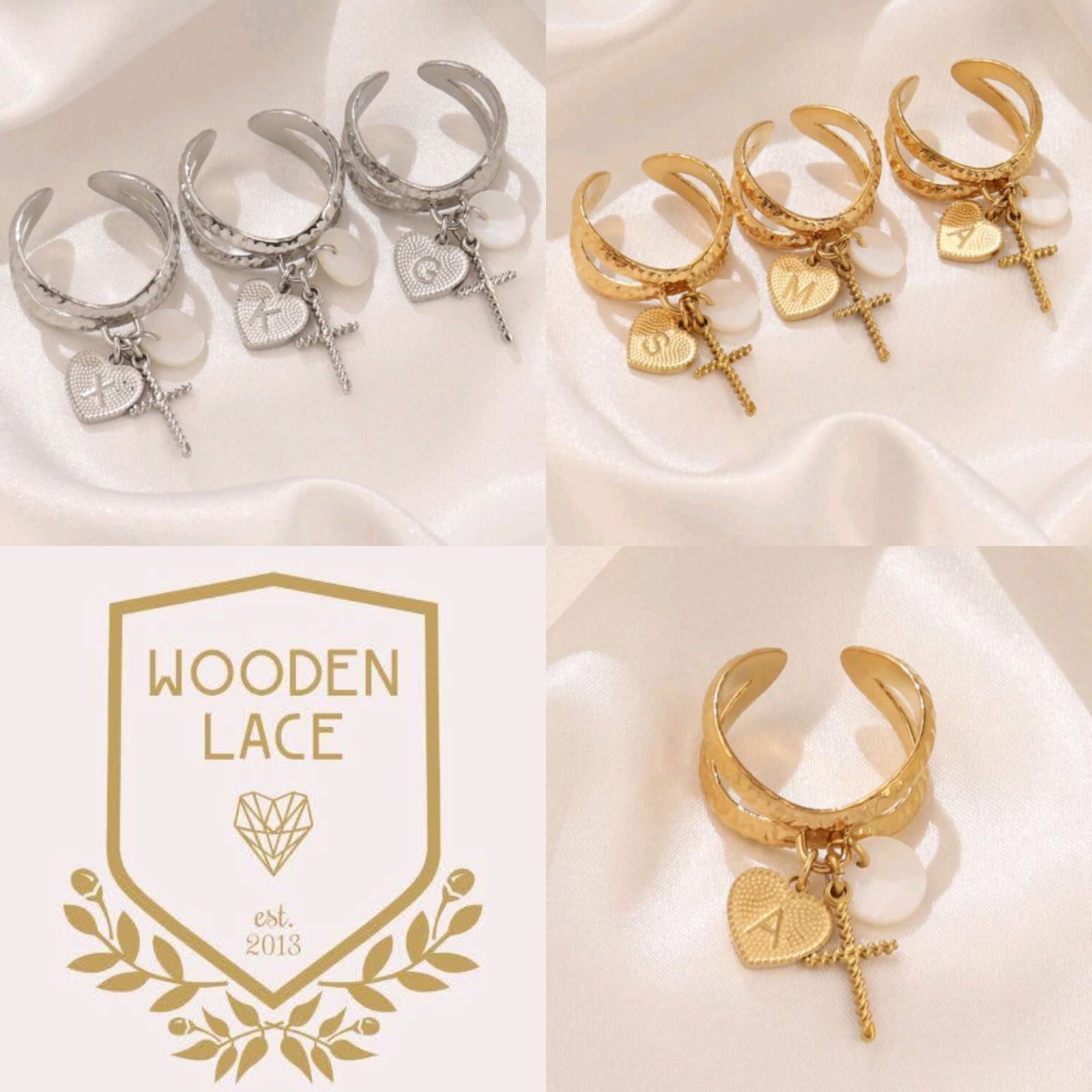 Silver or yellow gold rings with charms R750